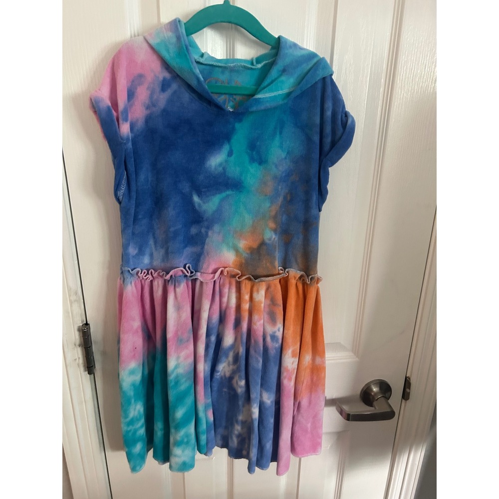 Chaser Hooded Dress Multicolor Tie Dye Ruffle Waist Short Sleeve CHTW249 Kids 10